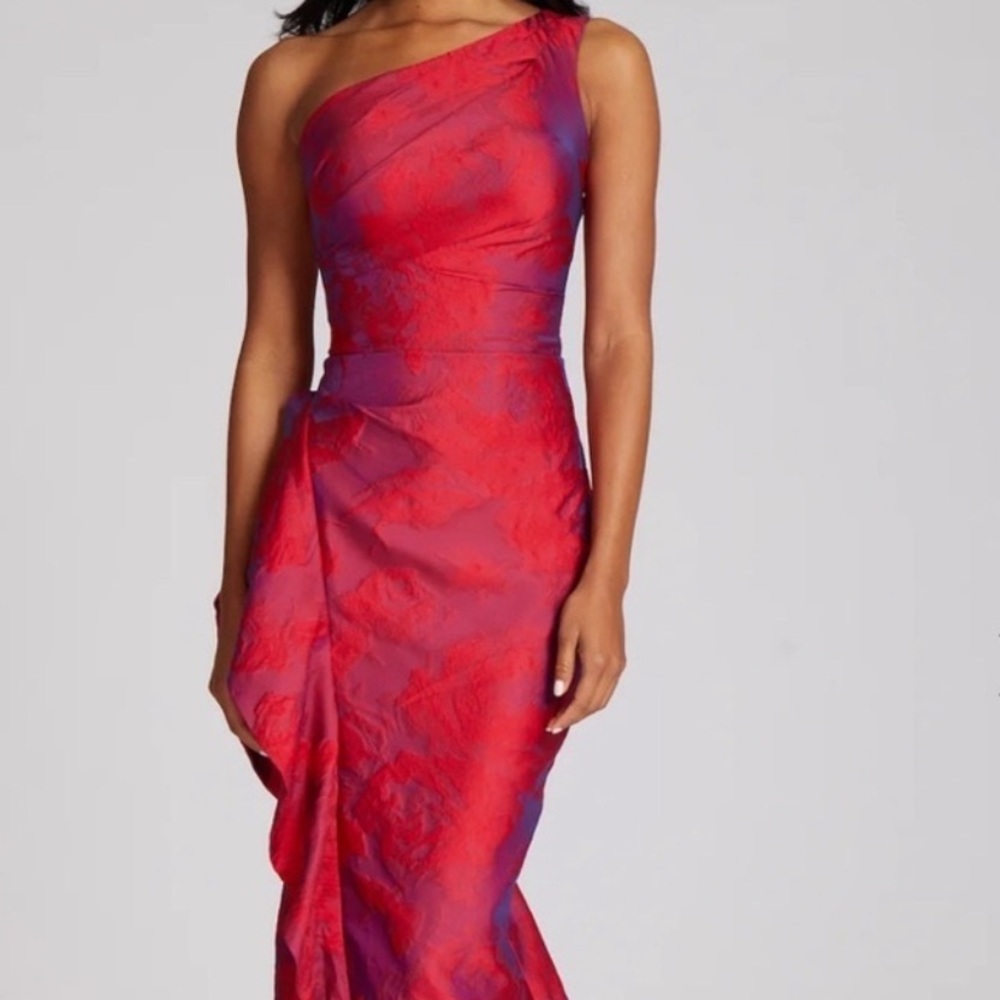 Teri Jon One-Shoulder Red and Purple Jacquard Evening Gown